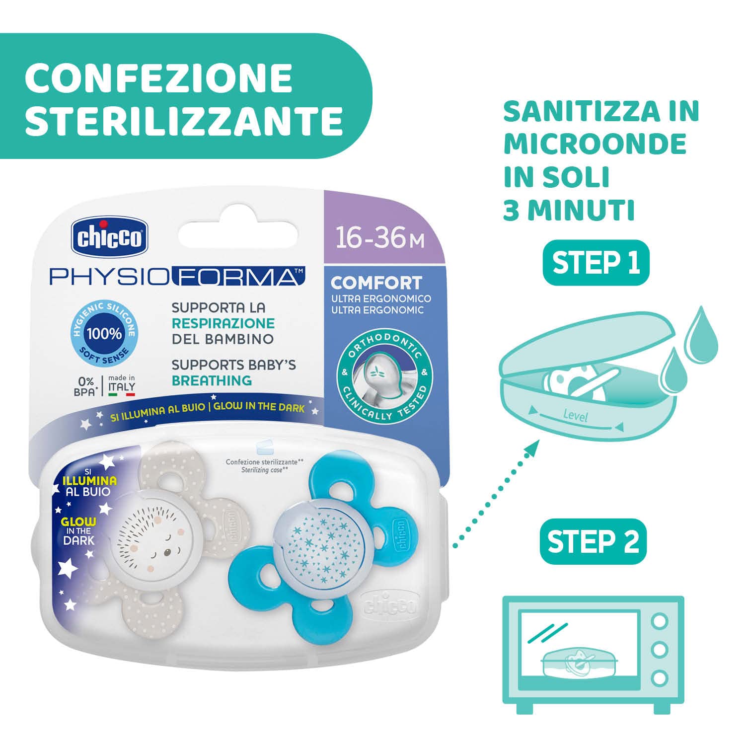 Chicco Physio Comfort Night Succhietto Silicone 16-36 Mesi 2 Pezzi
