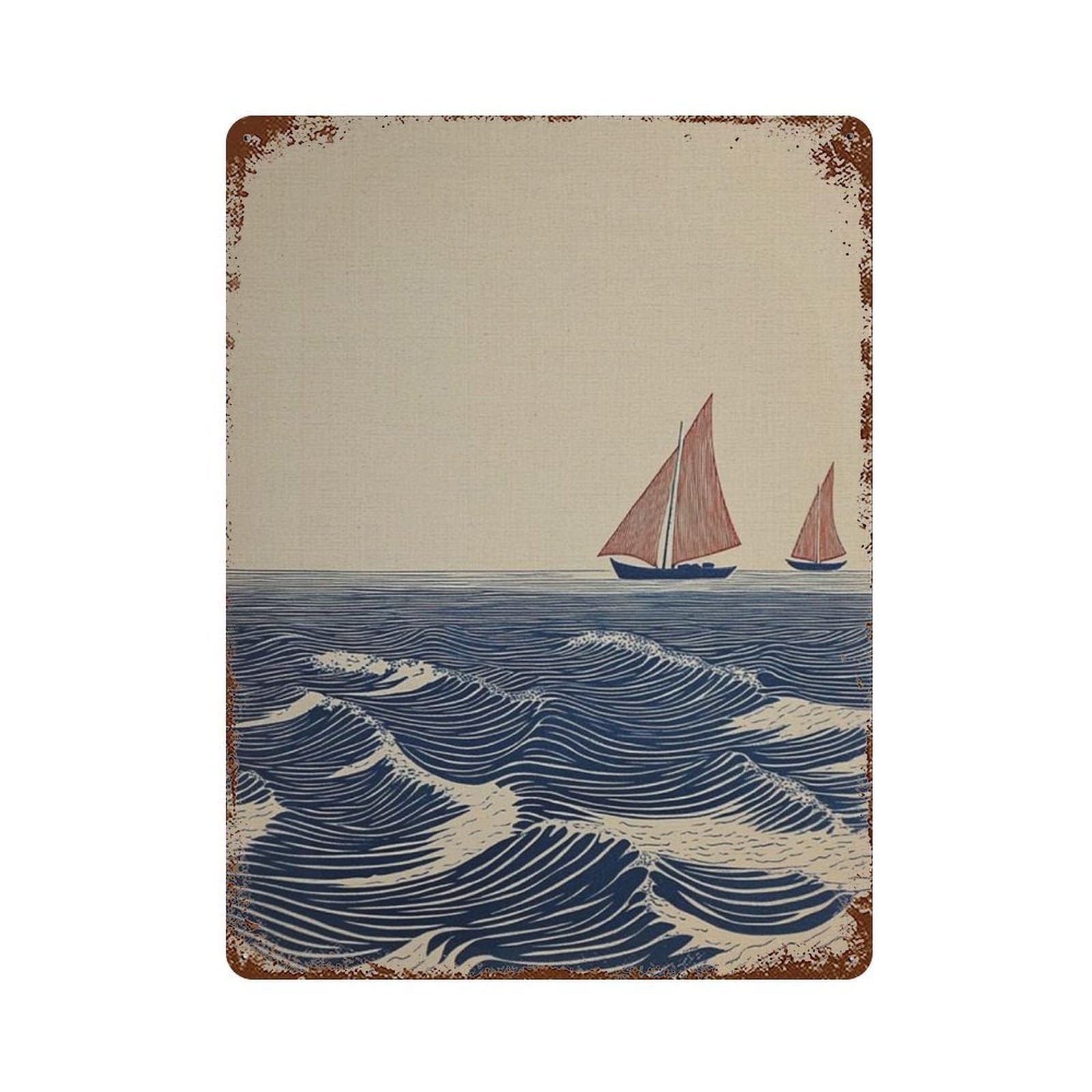 xiaoxiaoshen Sailboat Ocean Coastal Minimalist Seascape Blue Wave Nautical Woodblock Wall Decor Art Metal Tin Poster Modern Home Decor Art Home Bar Shop Decorations Vintage Sign 40x30cm
