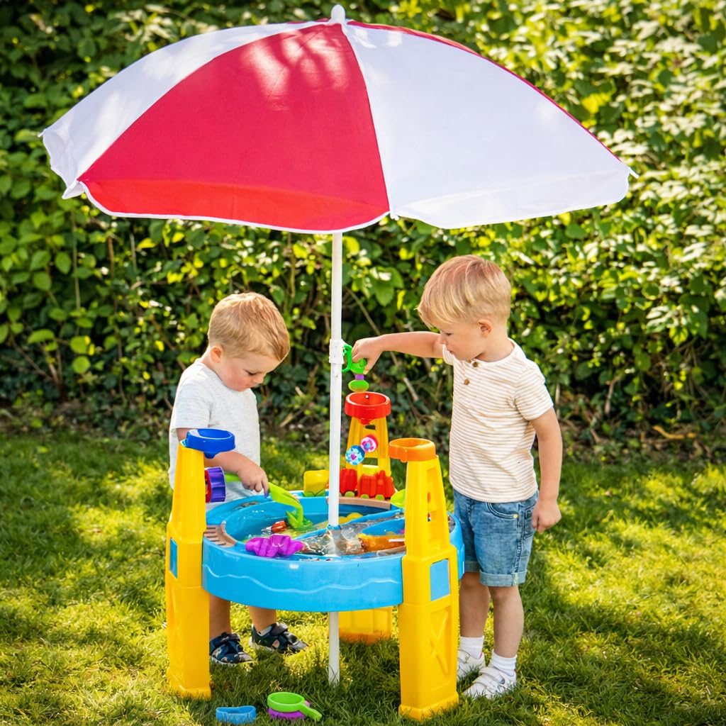 FORCEMAN Kids Sand & Water Play Table with Umbrella – 26 Piece Outdoor Activity Set (Ages 2+)