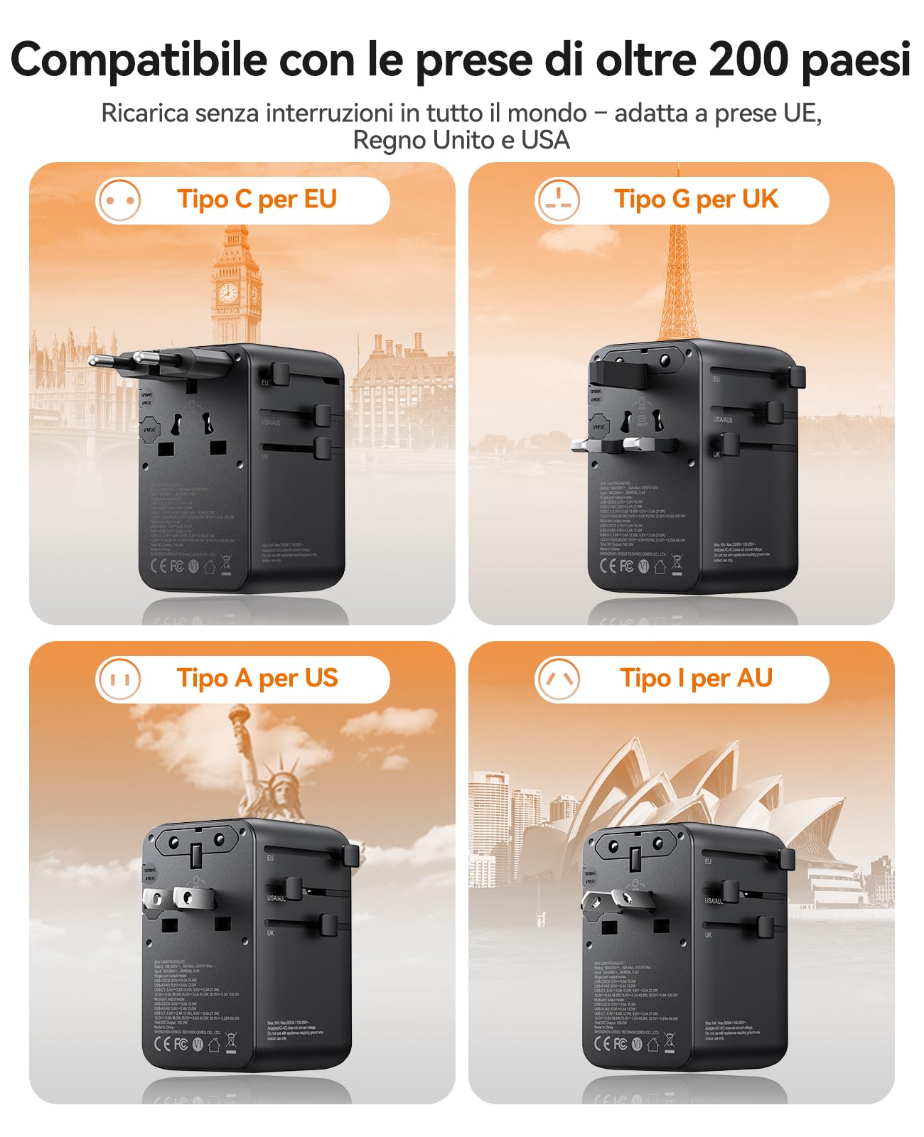 ORICO GaN 70W Adattatore Universale da Viaggio, 7-in-1 con 3 USB-C, 2 Prese AC e 2 USB-A, Adattatore Presa Internazionale per Oltre 200 Paesi tra cui UE, USA, UK, Australia, Giappone - UAX(Nero）
