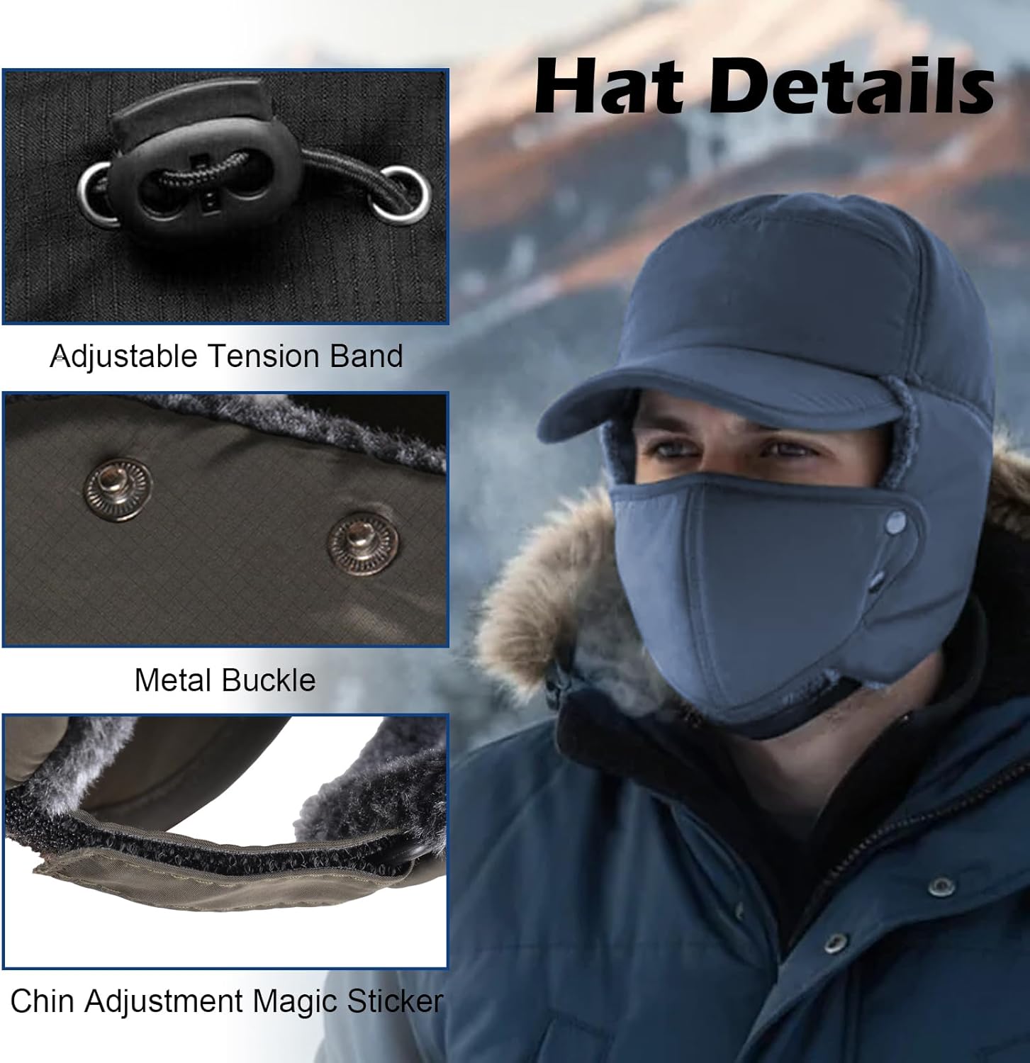 3 in 1 Winter Thermal Fur Lined Trapper Hat with Ear Flap Full Face Warmer Cover, Windproof Cycling Motorcycle Headwear - Image 5