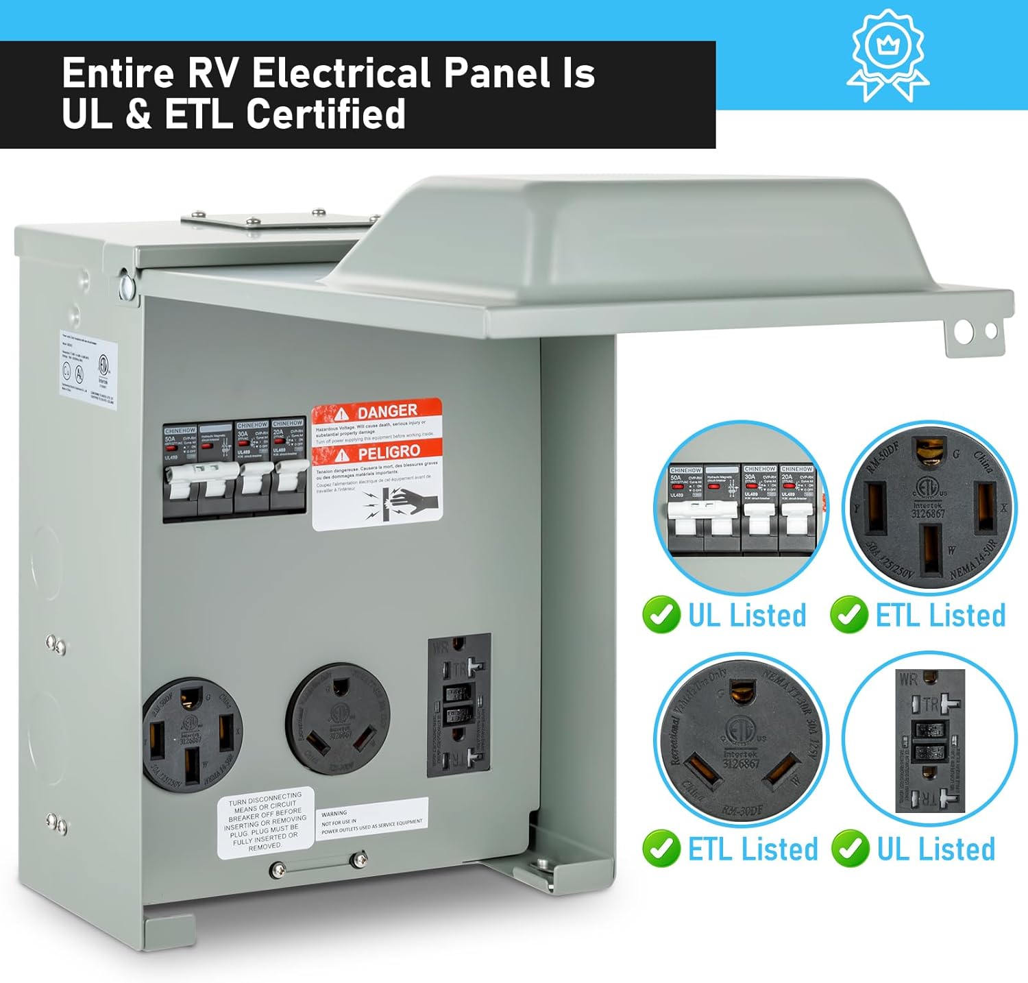 BOYISEN RV Electrical Panel, 50A 14-50R, 30A TT-30R & 20A GFCI 5-20R, 3 Individual Breakers, Weatherproof NEMA 3R Outdoor Temporary Power Outlet Panel for RV Marine Camping EV Charging - Image 2
