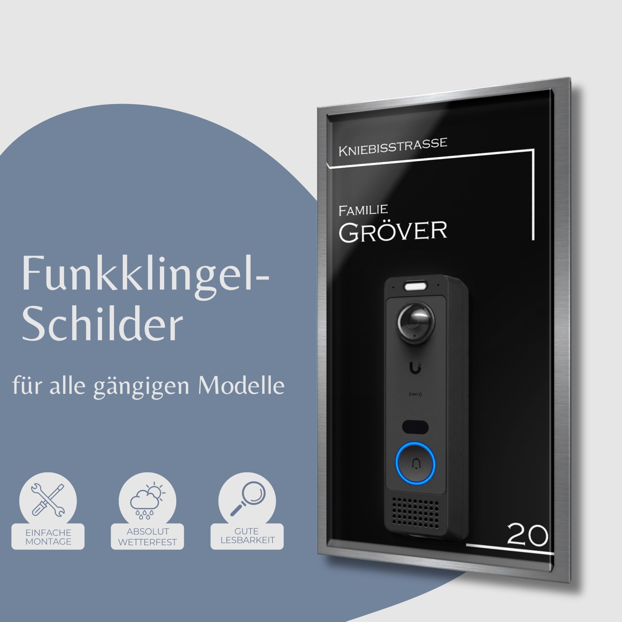Namensschild für Ubiquiti UniFi G6 Entry aus Edelstahl & Hochglanz Acrylglas - Zubehör Schild für Video Türklingeln & Smart Home Systeme - Personalisiert & wetterfest (34x24 cm)