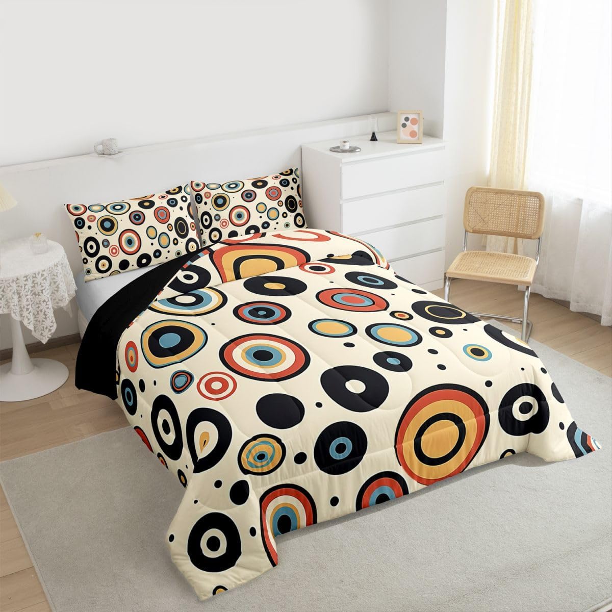 Retro Groovy Comforter Abstract Geometric Circle Pattern Bedding Queen Size for Adult Women Girls Bohemian 70s 80s Vintage Psychedelic Polka Dot Print Hippie Duvet Insert Boho Aesthetic Style Quilt