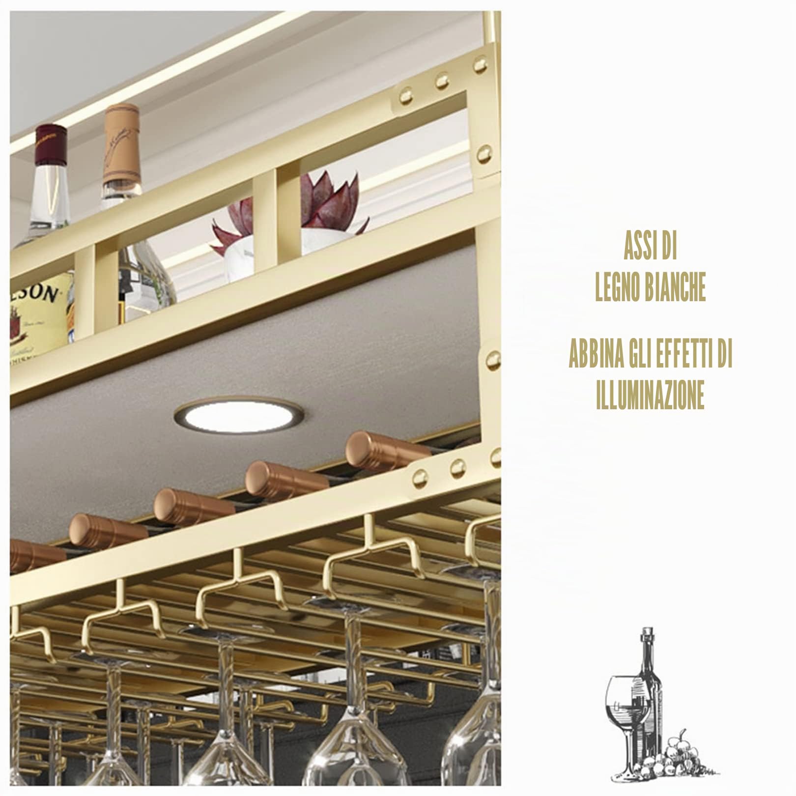 Portabottiglie da soffitto con 2 luci - Portabottiglie e portabicchieri Scaffali galleggianti Piante moderne Foto Bottiglie di vino Espositore Scaffale per cucina Sala da pranzo Home Bar