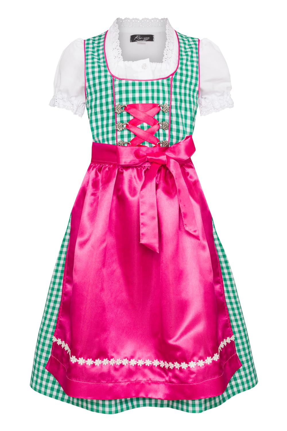 Ramona Lippert® Children's Dirndl Mia - Dirndl Green Pink with Blouse - Traditional Dirndl for Girls - Size 110/116 - 158/164, Green, 134 cm-140 cm