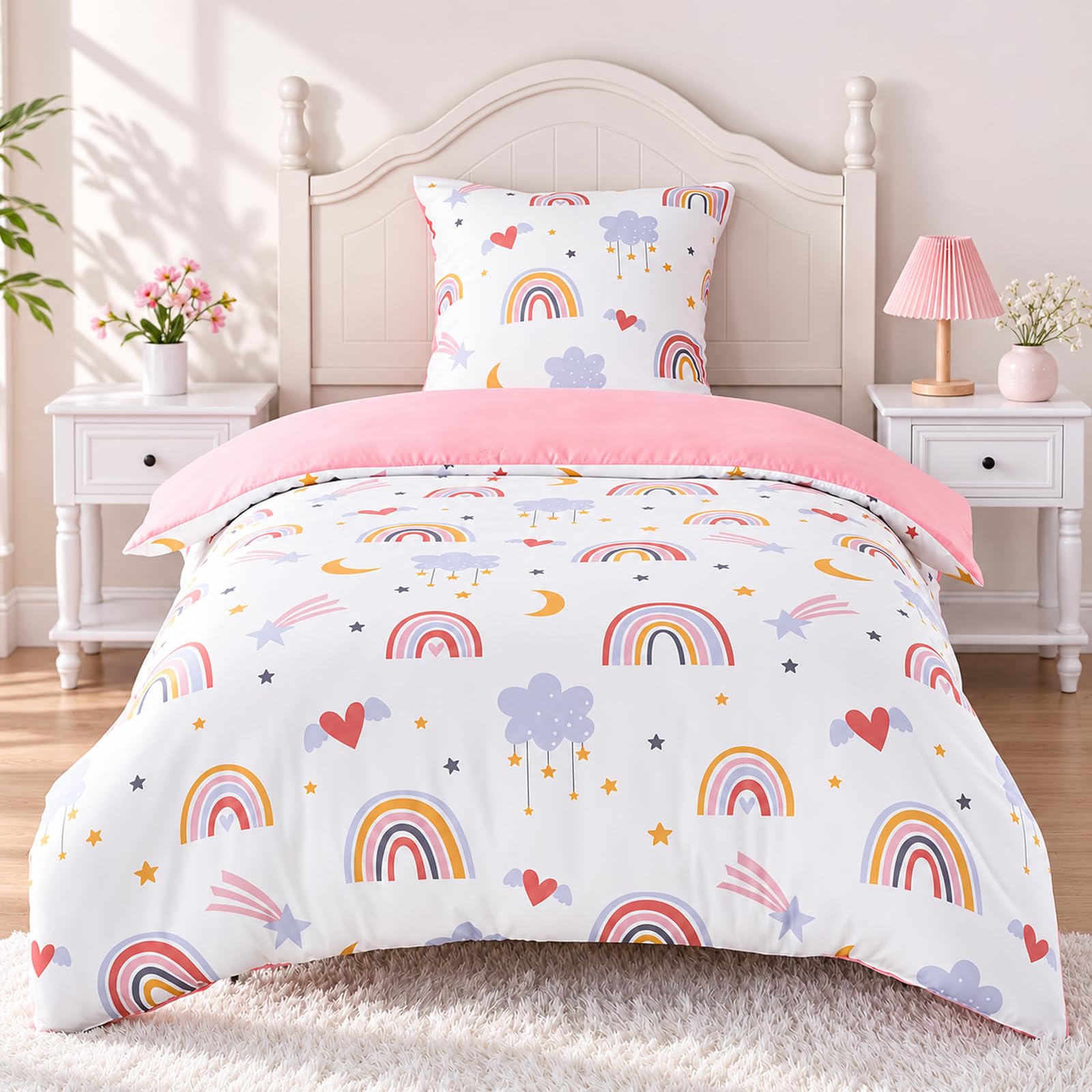 Yasida BettwäSche Regenbogen 135x200 Rosa Kinder Bunte Mikrofaser BettwäSche Mit Regenbogen, Wolken, Sternen, Monden, Herzen FüR MäDchen Einzelbettbezug Set Bettbezug 135x200 Und Kopfkissenbezug 80x80 Küche, Haushalt & Wohnen