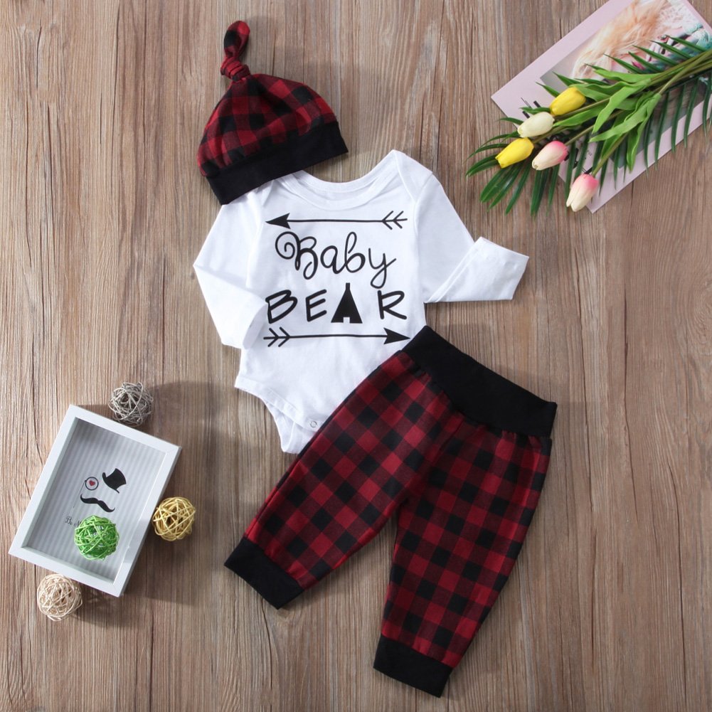 Infant Newborn Baby Boy Girl Long Sleeve Bear Romper+Plaid Long Pants+Hat Outfits Clothes Set (18-24 Months, White+Red)