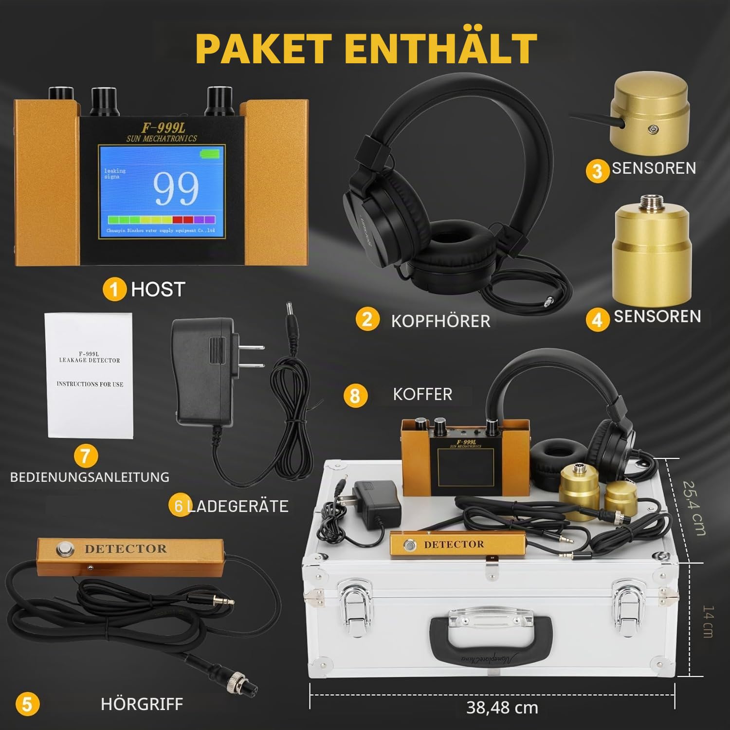 Wasserlecksuchgerät, Gold, LCD-Display | 0-100db Verstärkung, 200Hz-3000Hz Frequenzbereich, 4 Modi, Für Haushalts- und Industrierohrleitungen