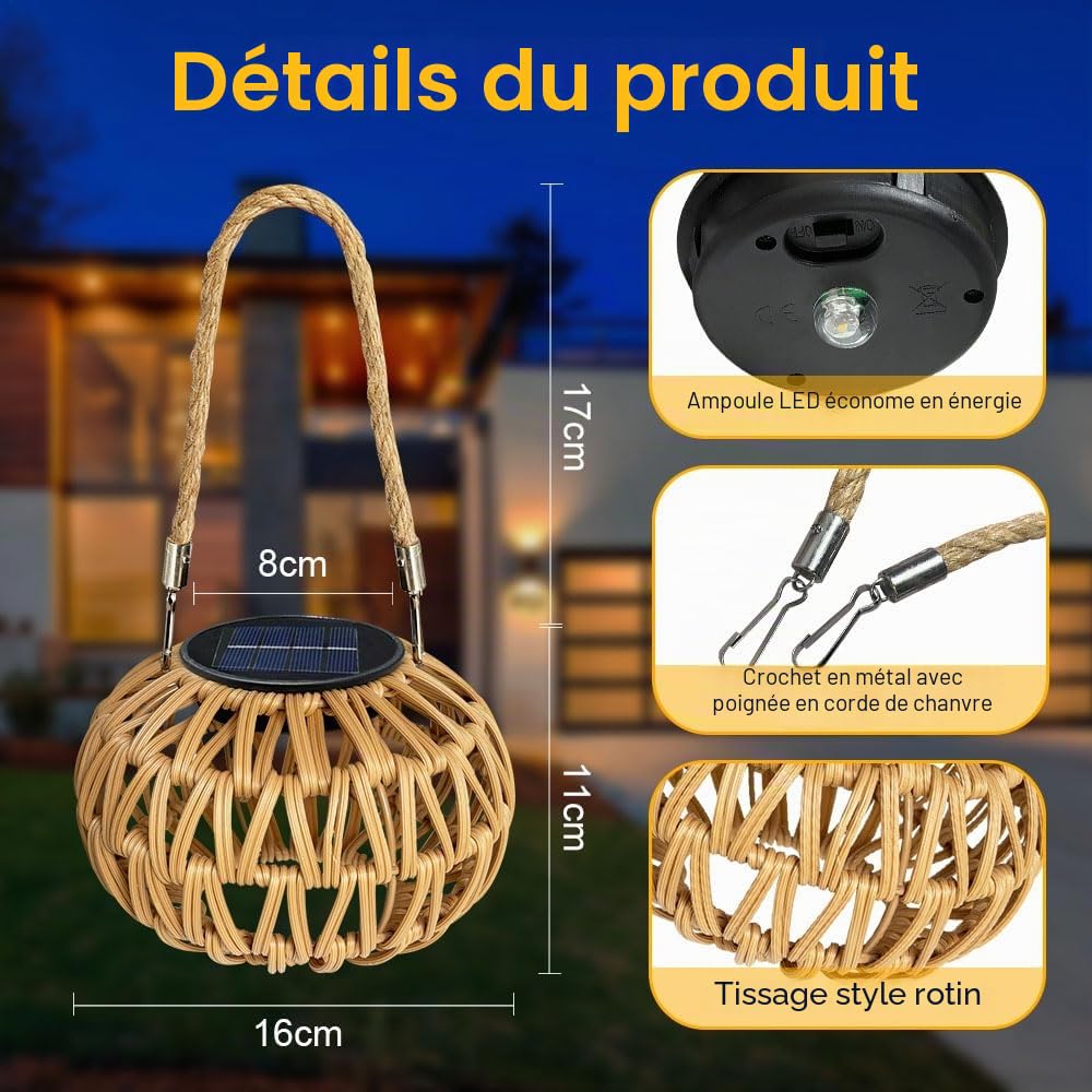 Lanterne Solaire Exterieur Rotin IP65 Imperméable Lampion Suspension Jardin Decoration Balcon Terrasse