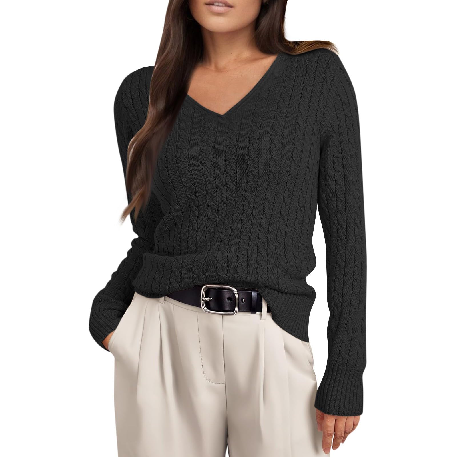 Pullover Sweaters for Women Trendy Textured Knit V Neck Sweaters Casual Slim Fit Thermal Long Sleeve Sweater Shirts