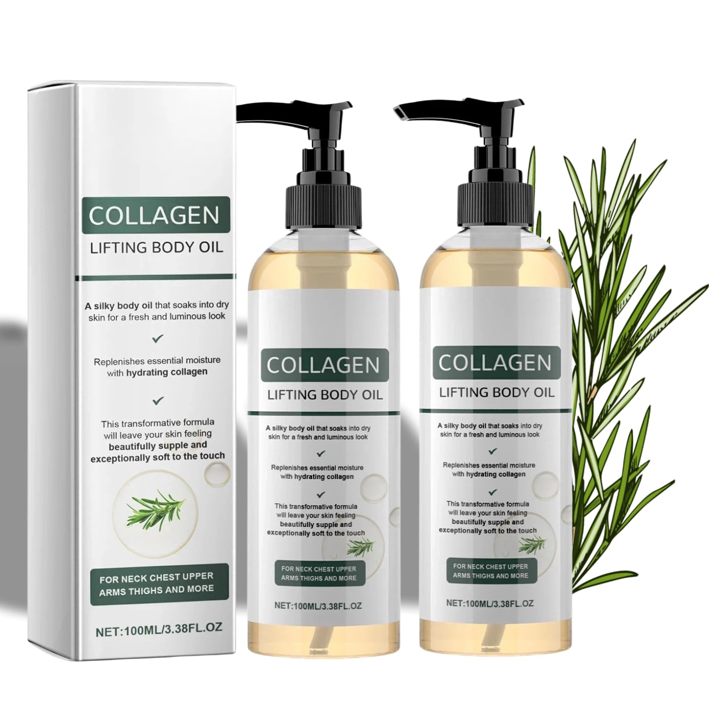 Collagen Lifting Body Oil, Advanced Hydrating Collagen Oil for Women & Men, Lightweight Non-Greasy for Dry Skin, Ideal After Shower & Daily Massage Hydration 3.38 oz (2PCS)