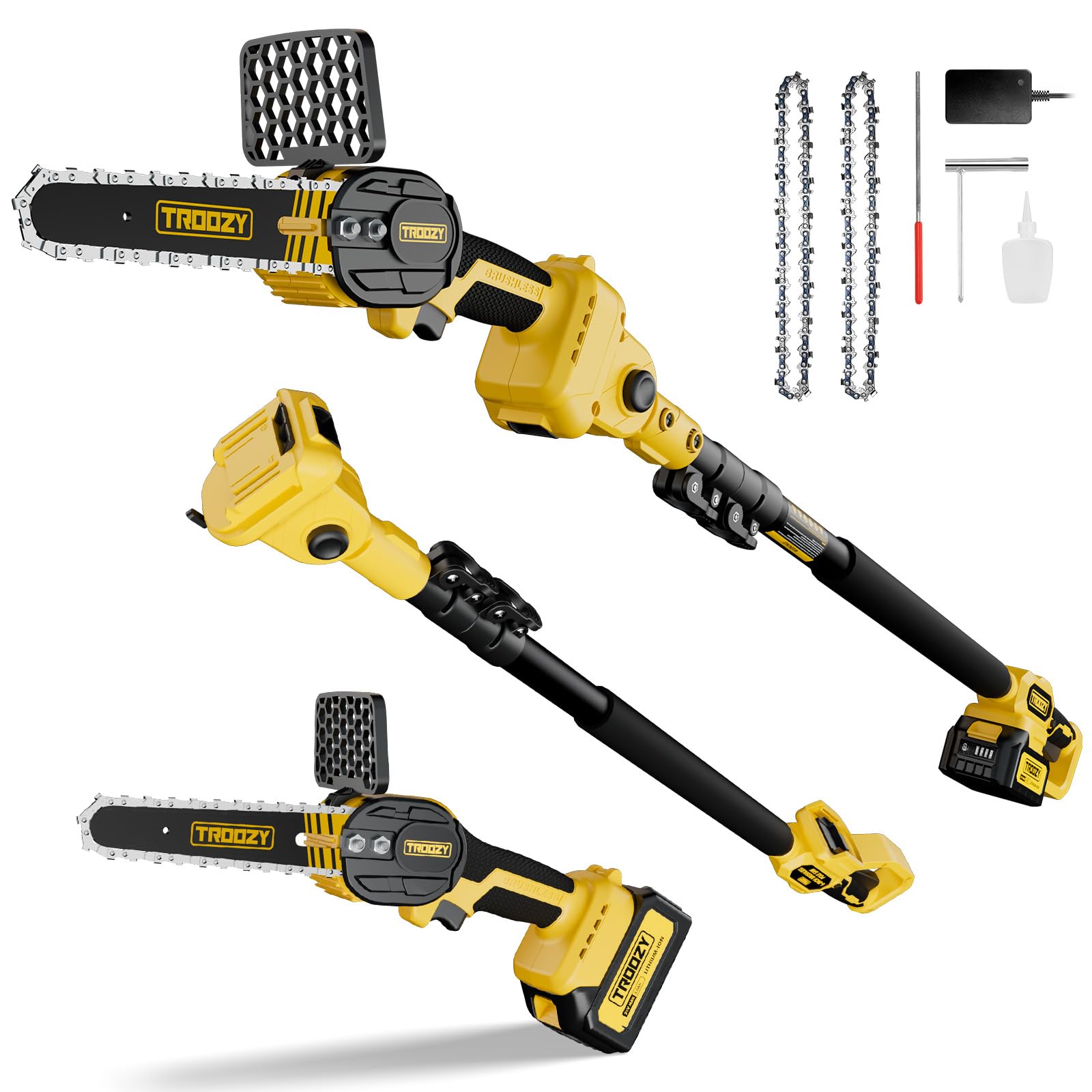 Mini Motosierra Bateria 2-EN-1 Podadora Telescopica, Brushless, Podadora de Altura Electrica con batería 3000mAh hasta 100min, Sierra Electrica Podar Arboles (6inch, 21V, hasta 4.57m)