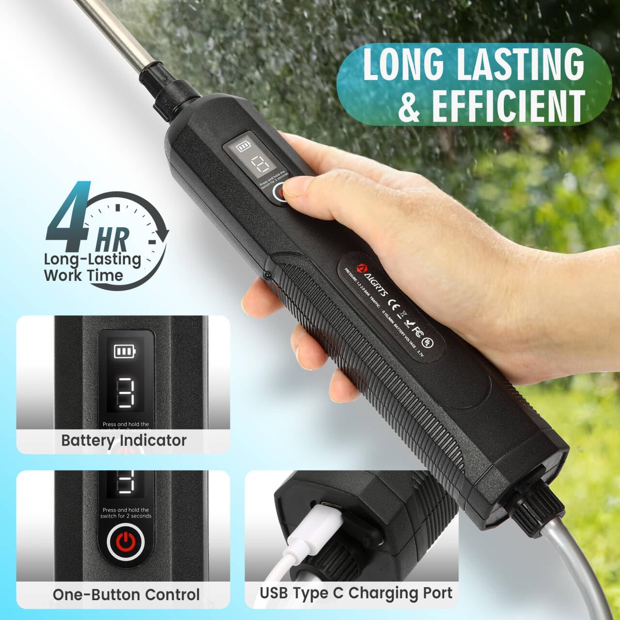Spruzzatore alimentato a batteria da 2 galloni, potente spruzzatore elettrico da giardino da 7,4 V, spruzzatore ricaricabile per prato con 4 ugelli per nebbia, bacchetta retrattile, tracolla