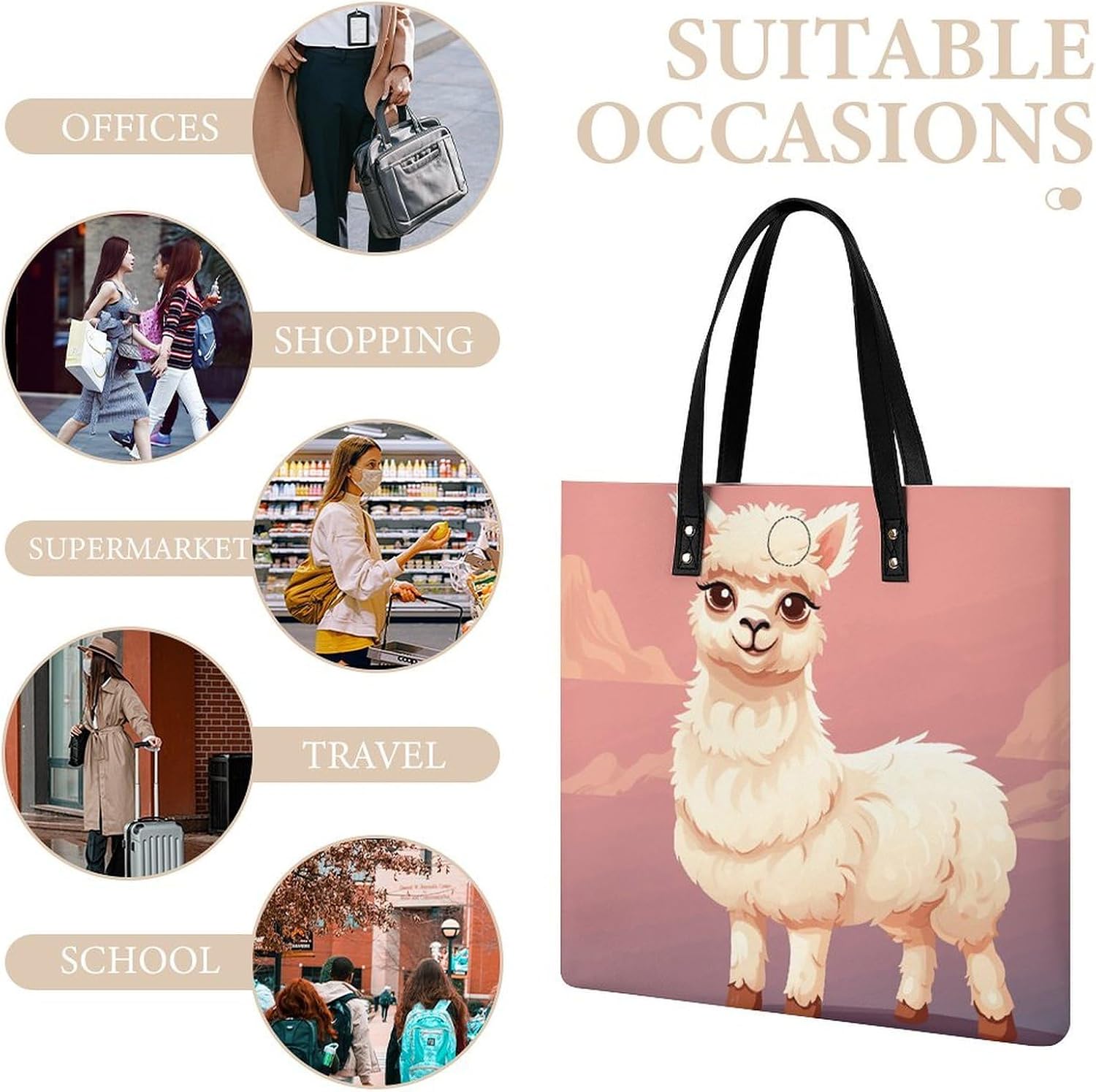 Cute Llama Handbags Large Capacity, Tote Bag Stylish Slouchy, Shoulder Bags for Work Beach Travel And Shopping Grocery.