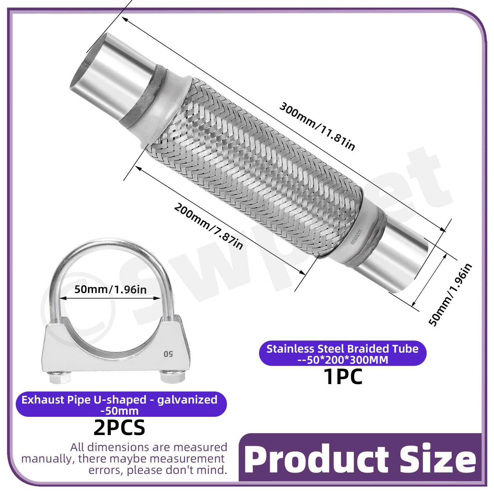 Swpeet 3Pcs 2 X 7,9 pollici tubo di scarico flessibile con kit di morsetti a U per tubo di scarico da 2 pollici, tipo universale in acciaio inox a doppia treccia, tubo di scarico flessibile ideale per