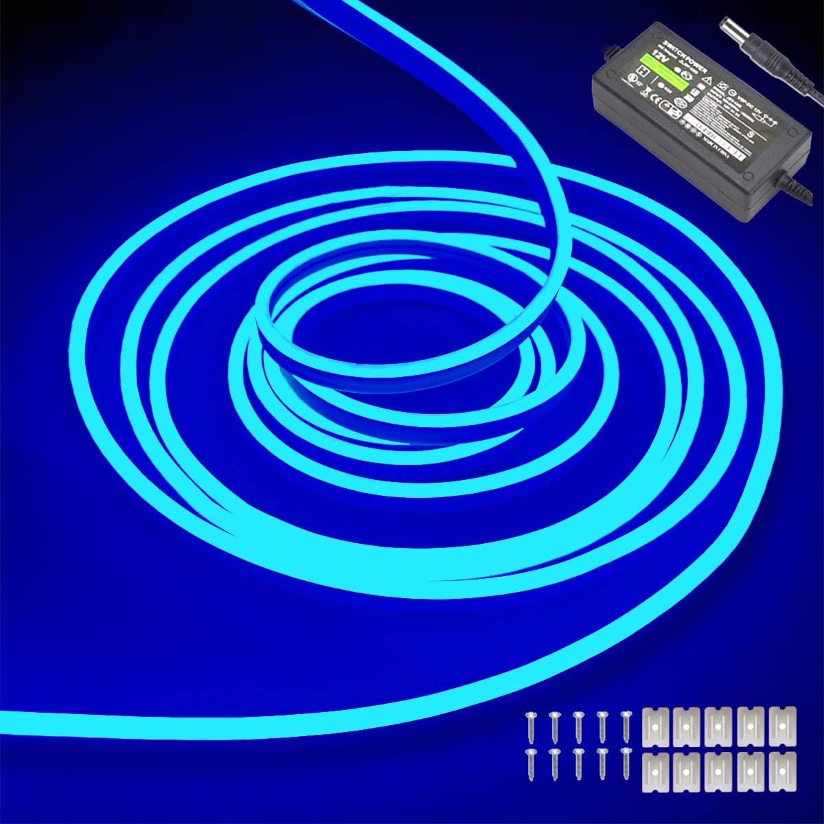 16.4ft/5m Blue neon Light,12v Waterproof Flexible Neon LED Strip Light for Bedroom Room Outdoors Decor(with power adapter)