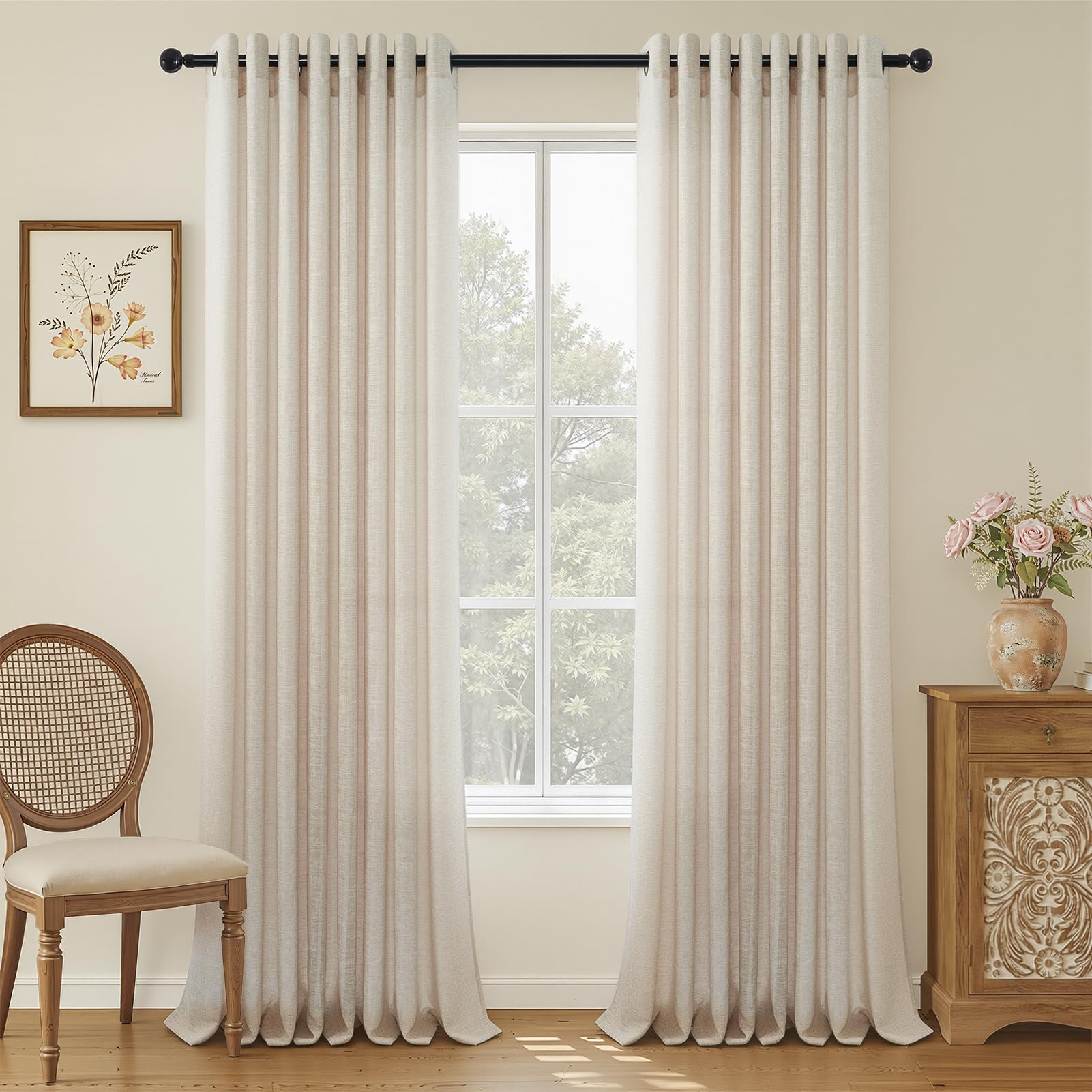 Topfinel 1er Set Leinenoptik Vorhänge Gardinen mit Ösen Halbtransparent Wohnzimmer, Beige Boho Leinen Vorhang H 240 x B 300 cm, Weich und Dünn Leinenvorhang Linen Curtains für Schlafzimmer Lounge