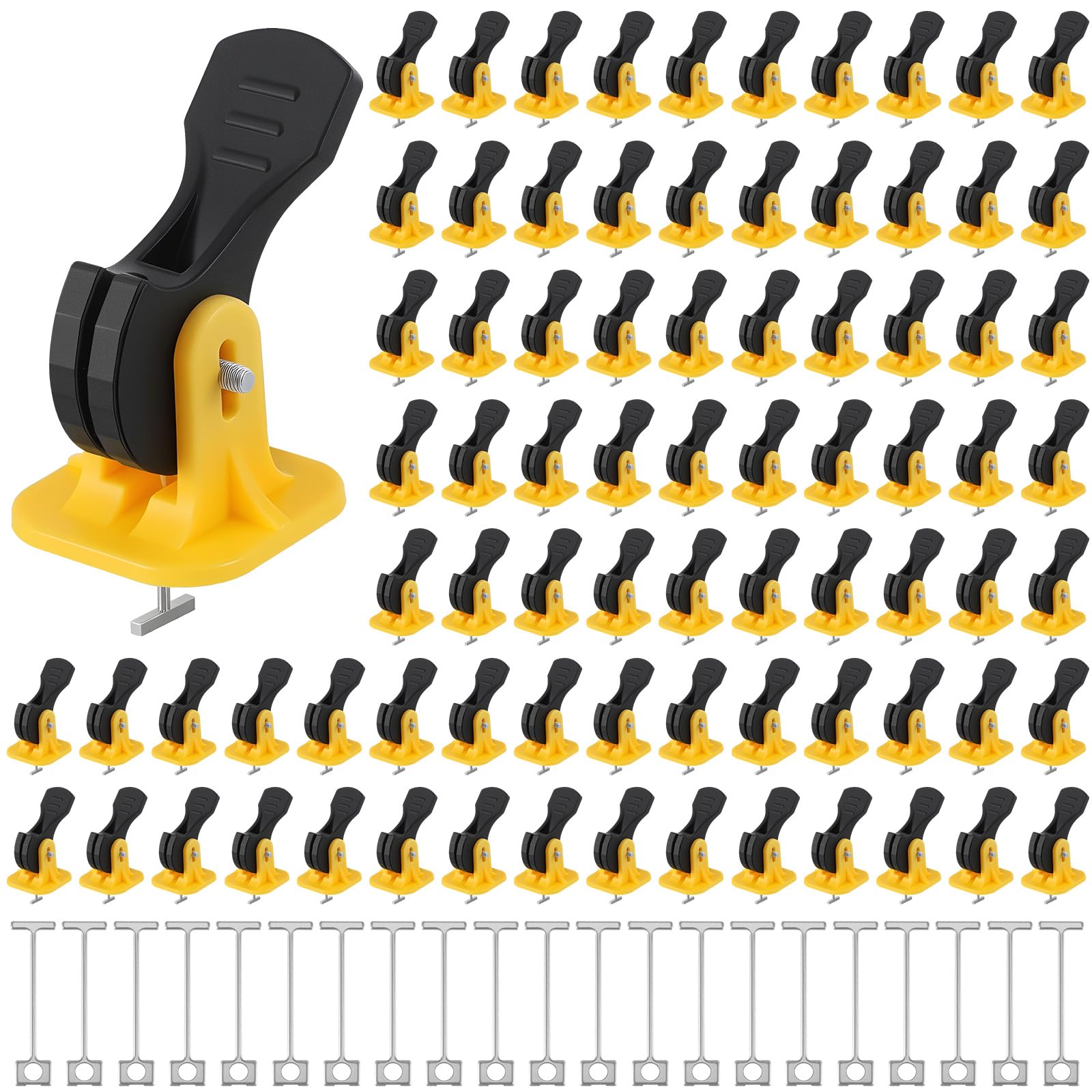 Photo 1 of Nuanchu Tile Leveling System Kit 200 Reusable Tile Spacers + 200 1/16'' Replaceable Spare Steel T-pin, Leveling Clips Fit 8-12mm Floor Compounds Set for Wall & Floor (Yellow)