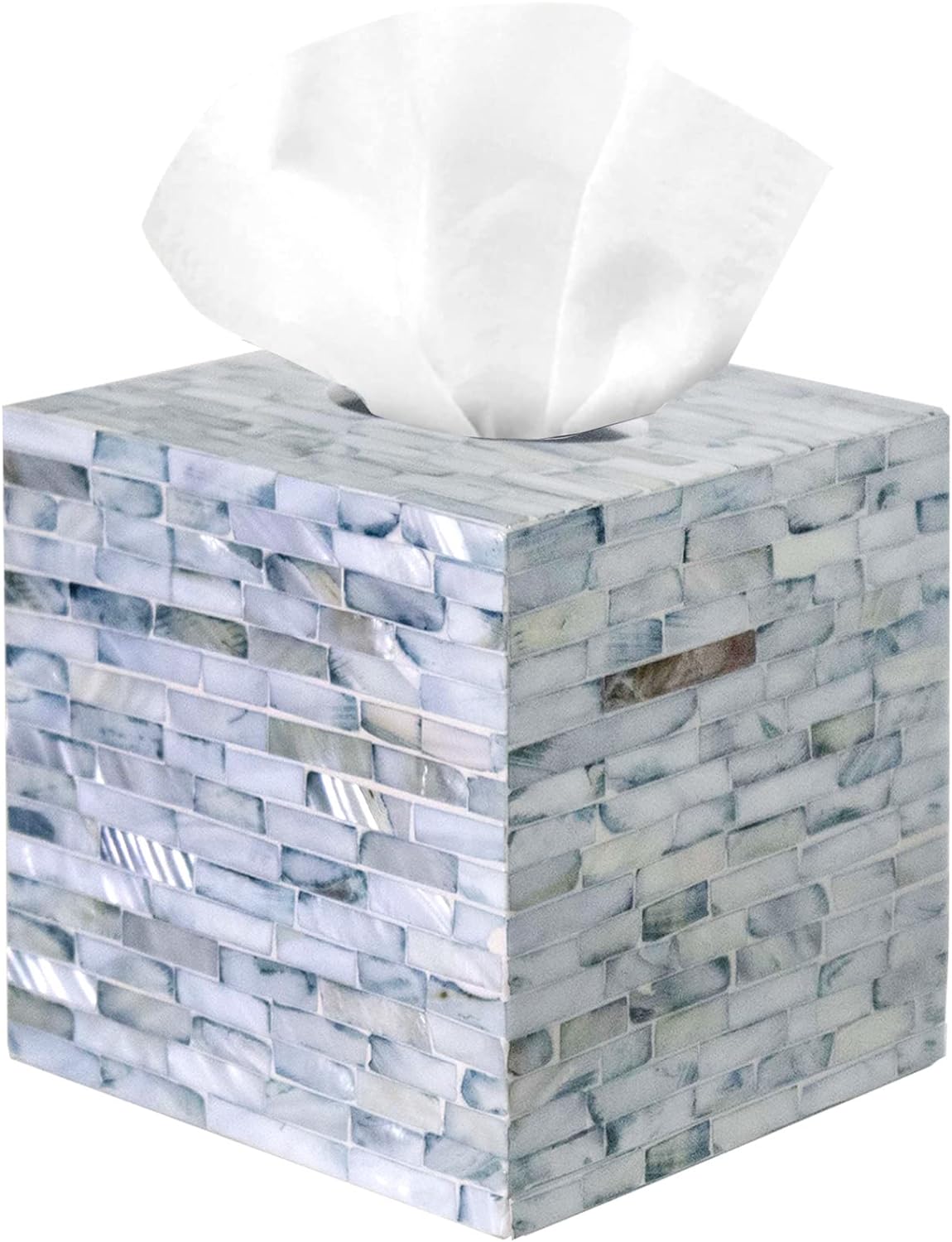 PEMAR 5.9” Cube Mother of Pearl Tissue Box Cover, Decorative Napkin Dispenser Organizer, Rustic Farmhouse Vintage Decor for Table, Kitchen, Bathroom Vanity Countertop, Office (Blue)