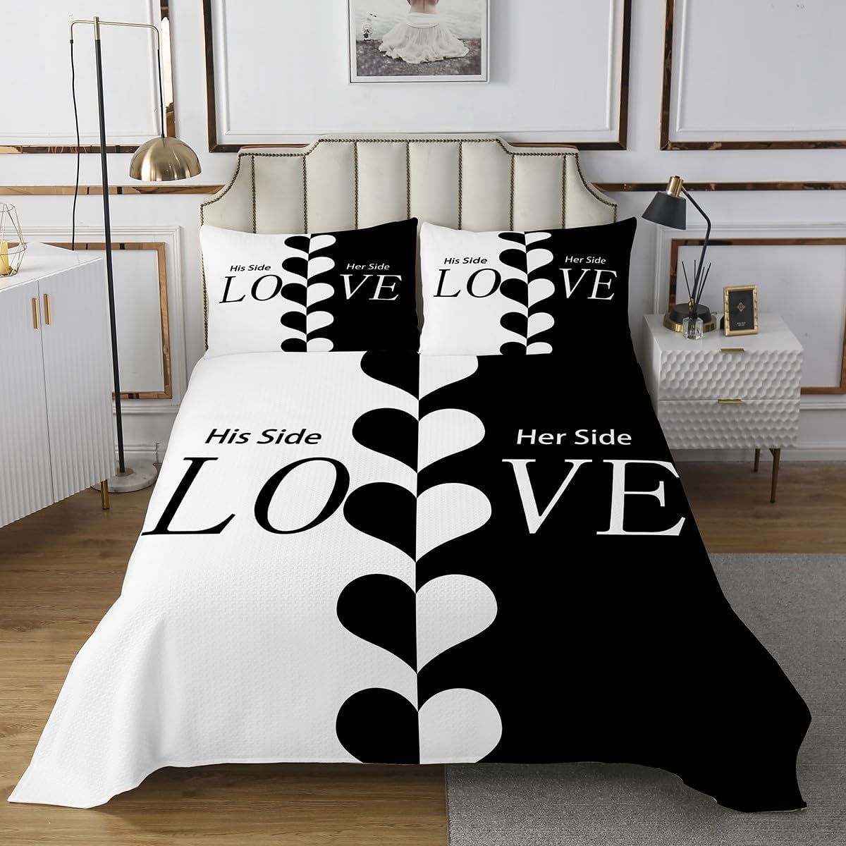 Couple Bedspread, His Side Her Side Quilted Love Romantic Coverlet Set For Teens Adult Women, Black White All Season Bedspread Quilt Set For Bedroom 3 Pieces With 2 Pillow Cases, Queen Size