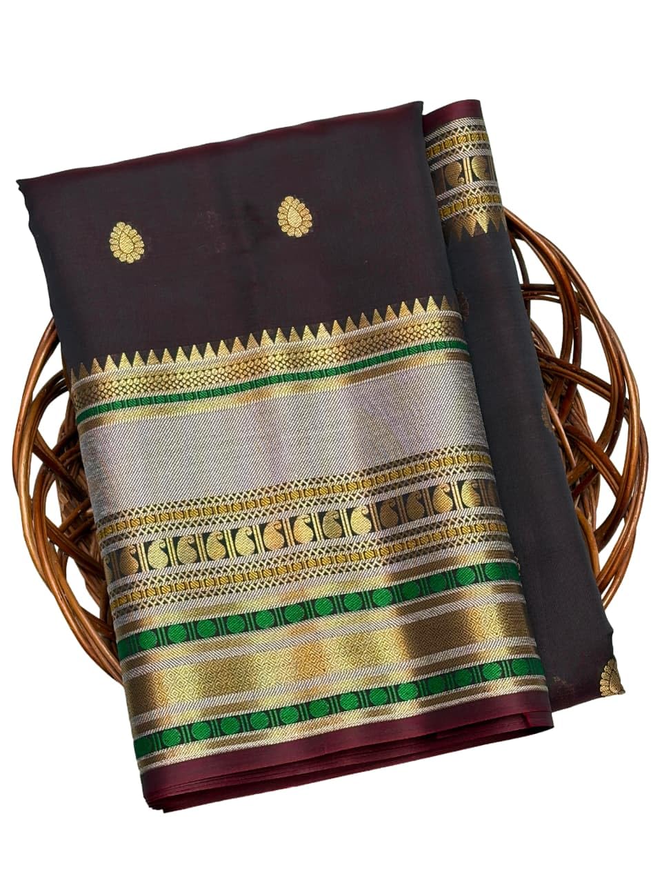 Banarasi Silk Saree, Dark Wine with Maroon Border, Gold Zari Butta Motifs, Traditional Woven Pallu-image-26
