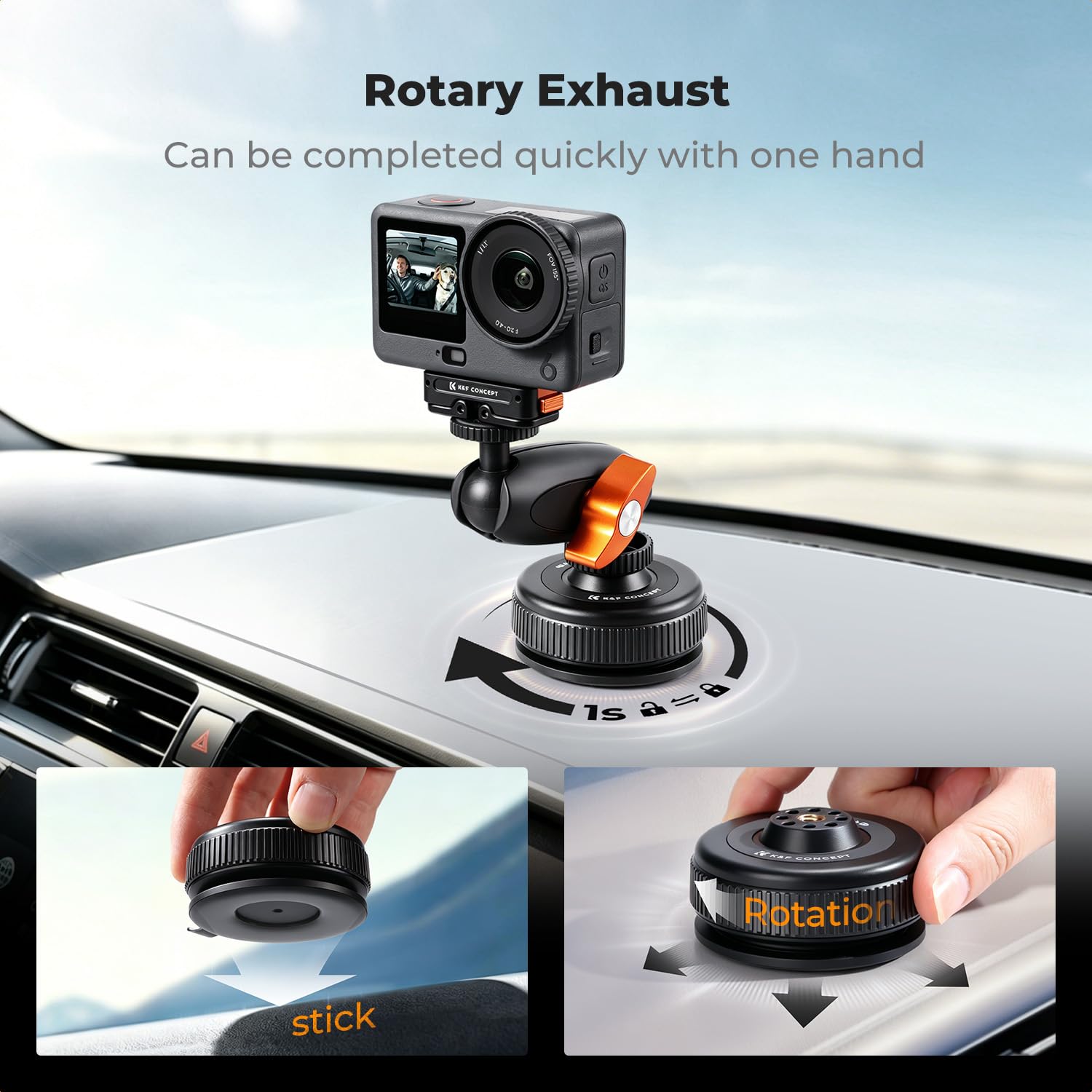 K&F CONCEPT Uchwyt na przyssawkę z przegubem kulowym do GoPro i Osmo Action | Silne ssanie, uchwyt kulowy 360°, magiczne ramię, stop aluminium, obciążenie 3 kg, kompatybilny z GoPro/Osmo XP01
