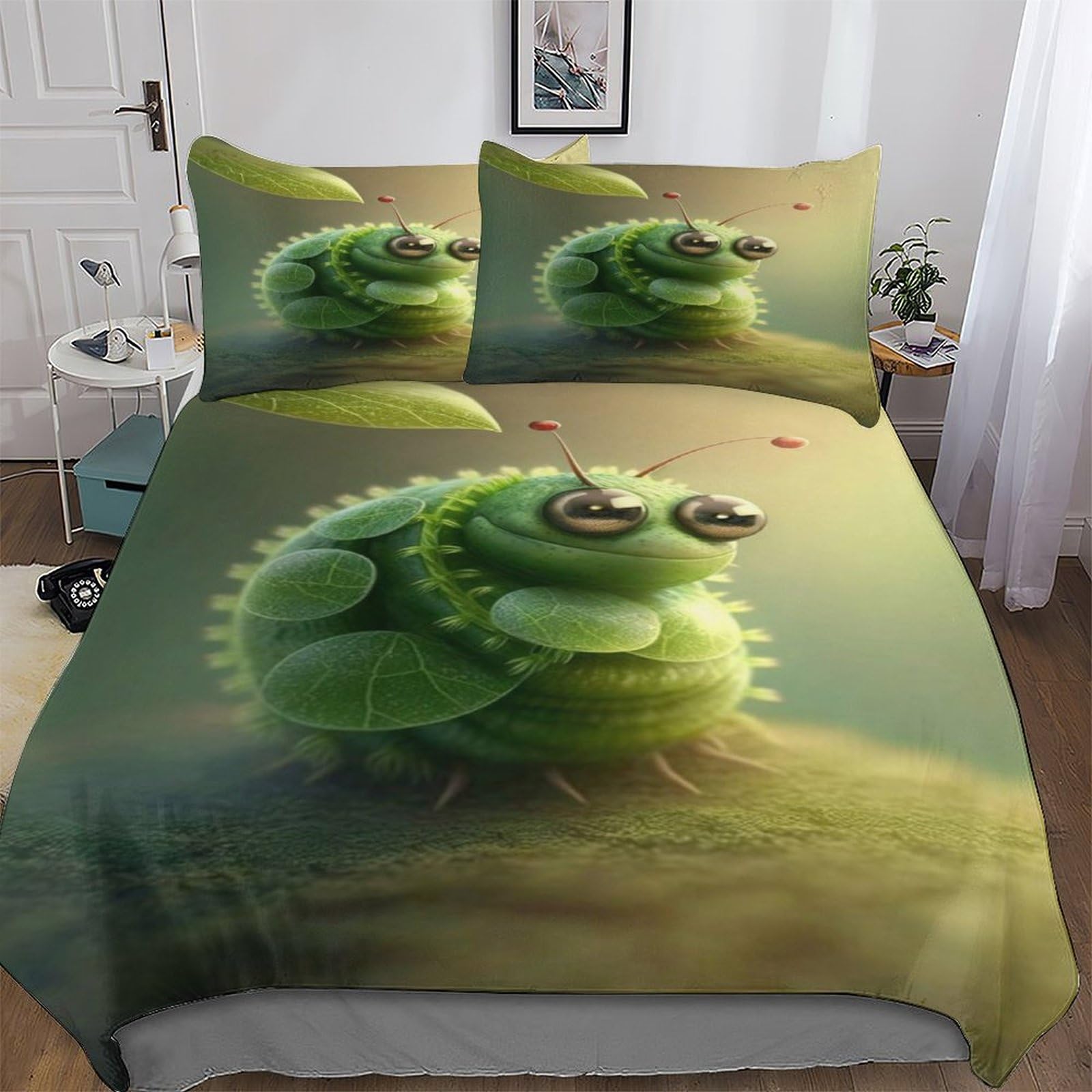 Parure de lit 3 pièces Green Caterpillar avec housse de couette double 200x200cm en microfibre