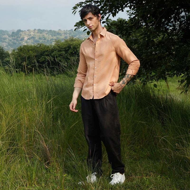 Image of CAHOOT Men's Olive Shirt Casual Wear | Shawl Collar | Long Sleeve | Button Closure | Shirt Crafted with Comfort Fit for Everyday Wear
