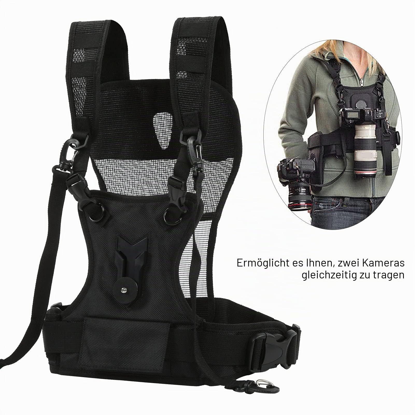 Dualer Kameragurt, Gurt Schnellverschluss Verstellbarer Nylon Kamera Haltegurt Atmungsaktive Brustweste Sicherheitskamera Schulter mit Aufbewahrungstasche und Gürtel für Studiofotografie