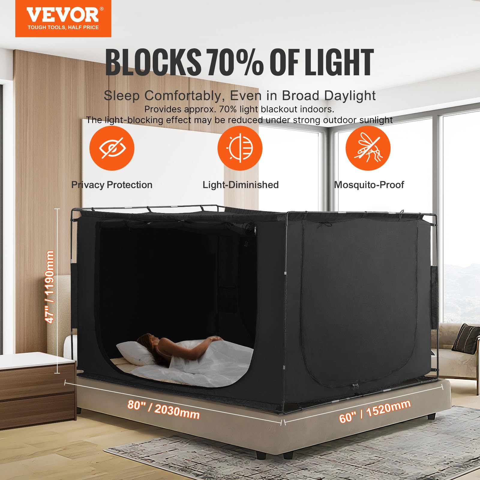 VEVOR Tenda Da Letto, Tessuto Pongee, Tenda Traspirante A 2 Porte Con Pali In Fibra Da 93 Mm Baldacchino Letto Oscurante Al 70 Di Dimensioni Standard 190 X 99 X 119 Cm Per Bambini E Adulti 85843642