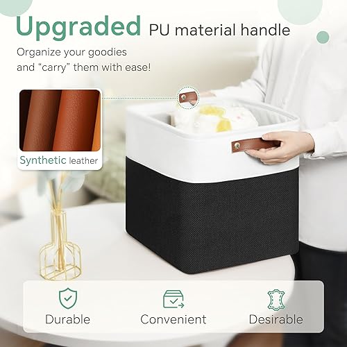 Miniatura 5 de Paquete de 6 cestas de almacenamiento plegables de 11 x 11 pulgadas con asas de cuero para estantes, armario, guardería, juguetes (color blanconegro)