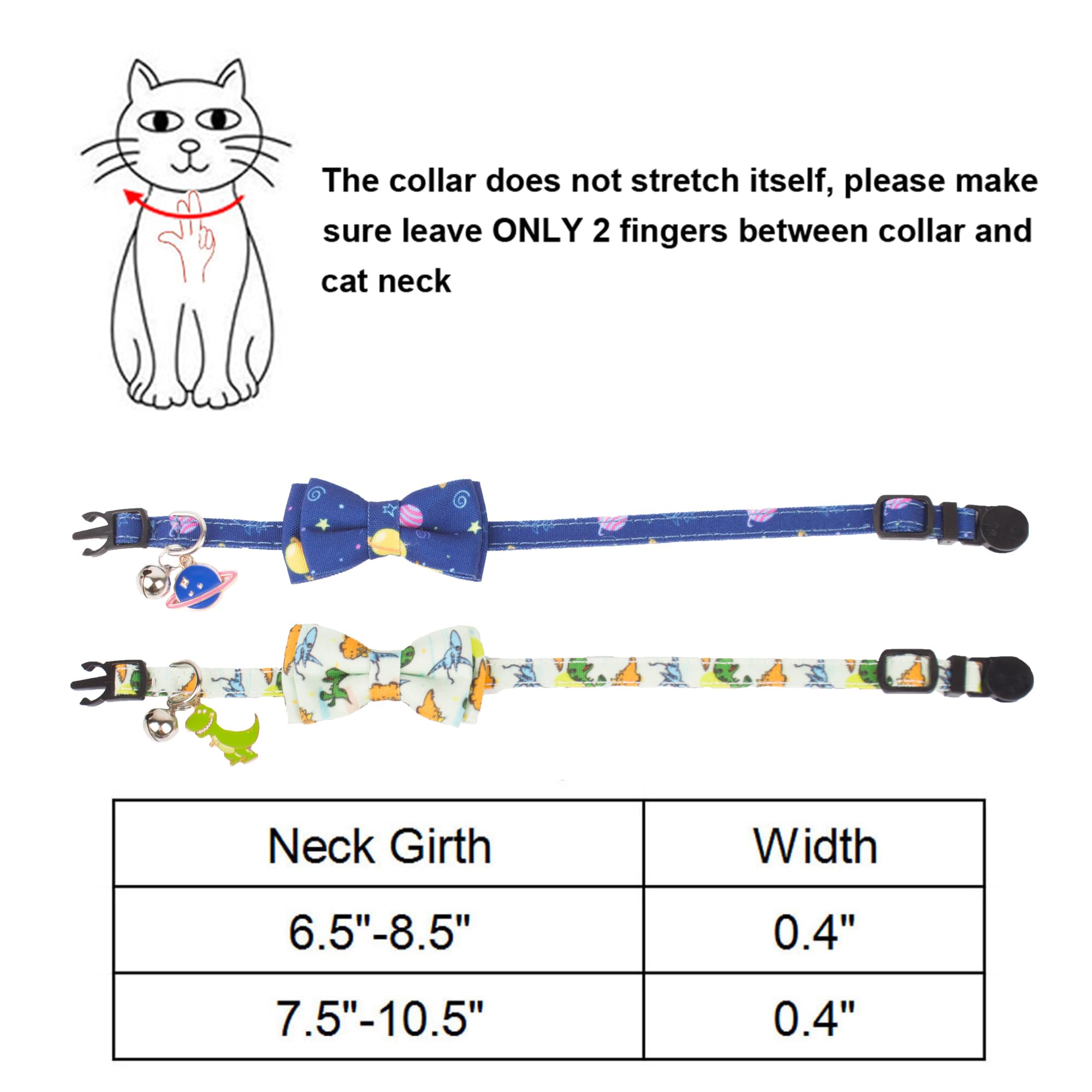 ADOGGYGO Collar de gato con bonita campana de pajarita – Paquete de 2 collares de gatito con pajarita extraíble con patrón de dinosaurio del universo para gato gatito gatito (dinosaurio y universo)