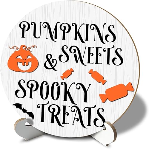 Placa redonda de madera de Halloween de 6 pulgadas con soporte de madera, decoración de escritorio, golosinas espeluznantes, calabazas dulces,