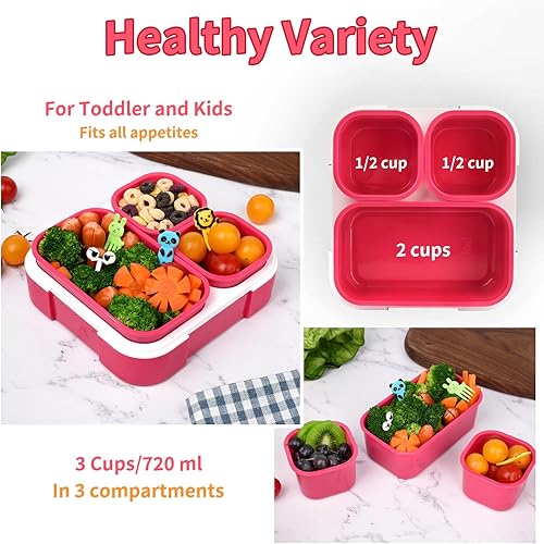 Miniatura 2 de Genteen Paquete de 3 loncheras para niños, caja Bento para niños, lonchera para niños pequeños con 3 compartimentos extraíbles, sin BPA y a prueba