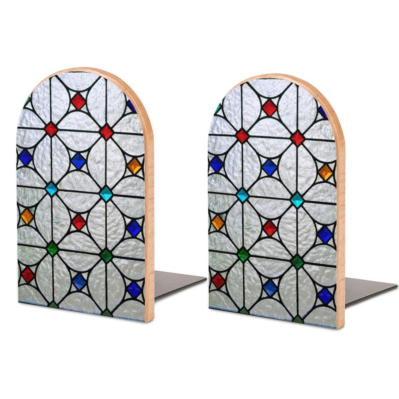 Geometric Stained Glass Window Panel White Frosted Wooden Bookends Shelves 2 PCS Sturdy Book Holders Desktop Organizer for Home Office Libraries