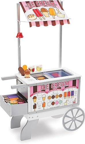 Carrito de madera de dulces y refrigerios Melissa Doug Más de 40 piezas de comida para jugar toldo reversible
