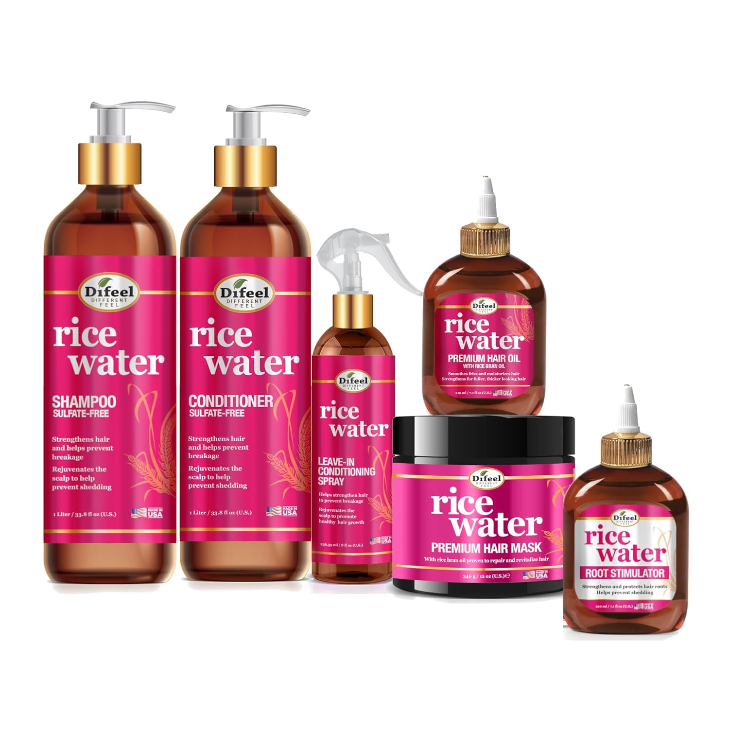 Difeel Rice Water Hair Care Ultimate Shampoo & Conditioner 6PC Set – Includes 33.8oz Shampoo, 33.8oz Conditioner, 12oz Hair Mask, 7.1oz Hair Oil, 7.1oz Root Stimulator & 8oz Leave in Spray