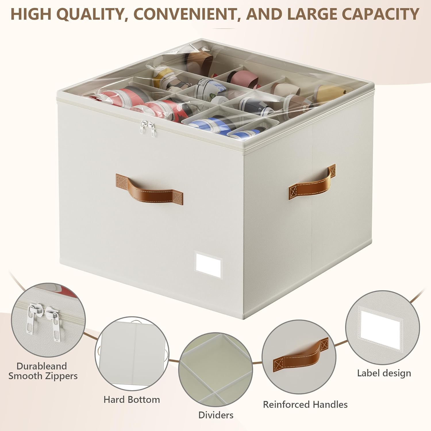 Vincona Shoe Organizer for Closet,2 Pack Shoe Storage Bins Foldable Shoe Storage Box Containers with Clear Cover and Sturdy Handles,Shoe Rack for Closet Storage for Sneakers Heels Slippers (Beige)