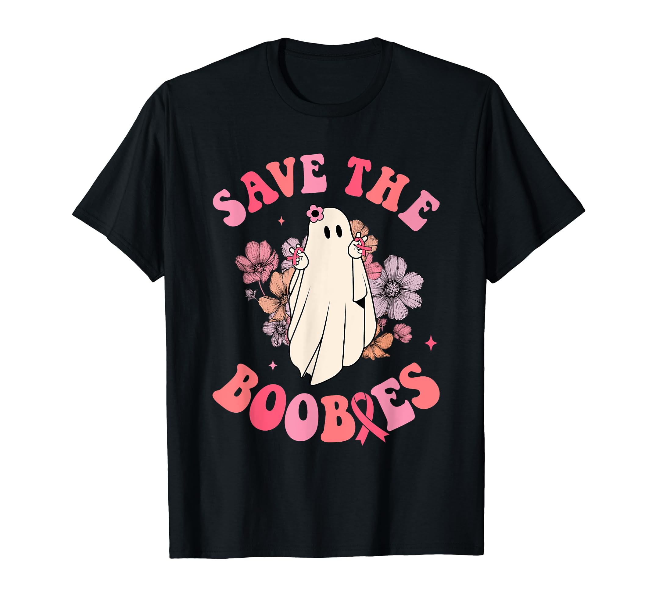 Halloween Shirts For Women Men Kids Boys GirlsGroovy Pink Breast Cancer Warrior Save The Boobies Halloween T-Shirt