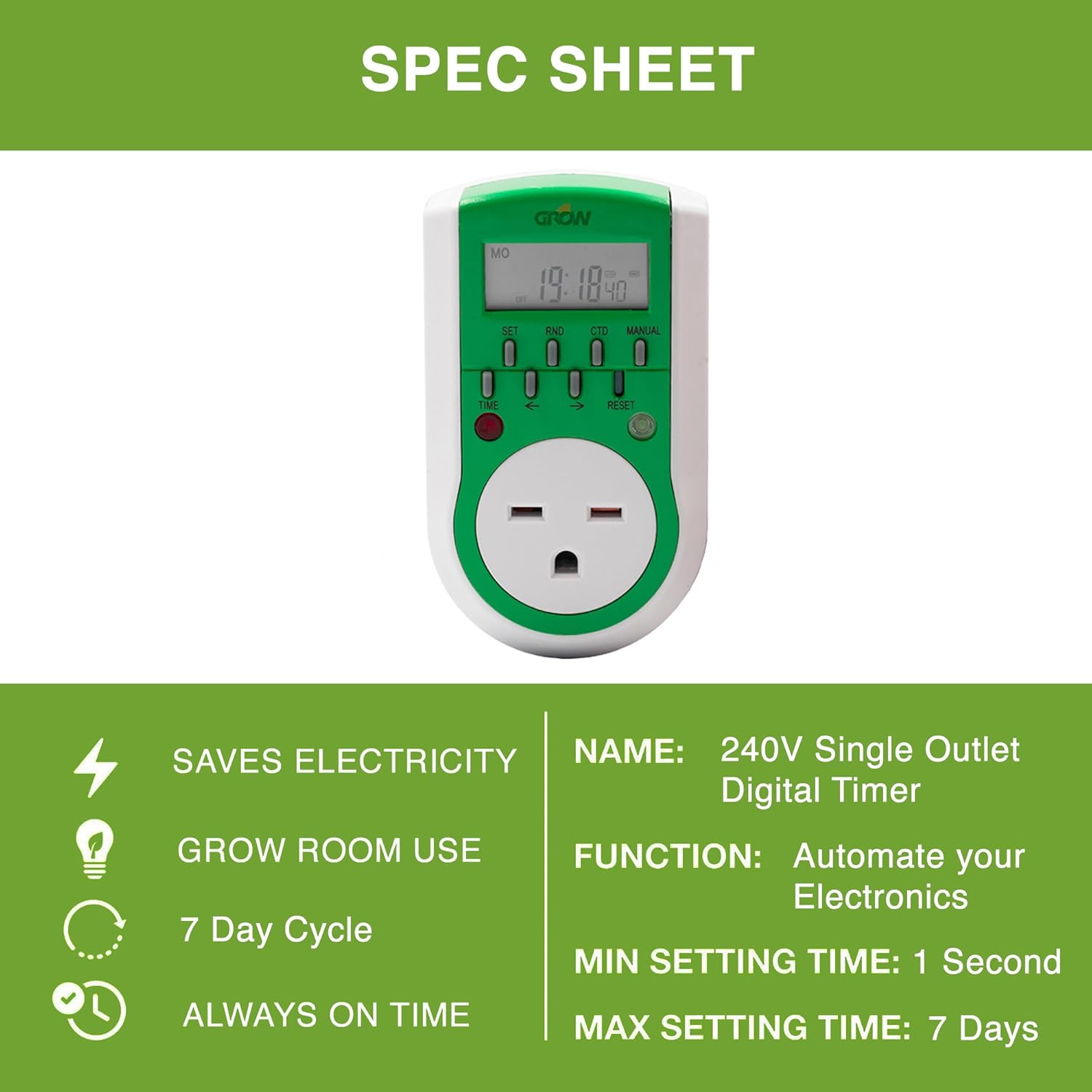 Grow1 240V Outlet Digital Timer, Single Outlet, 15A, Compatible with 220V, 230V & 240V Outlets, Great for Grow Lights, Reptile Enclosures & Aquarium Timer