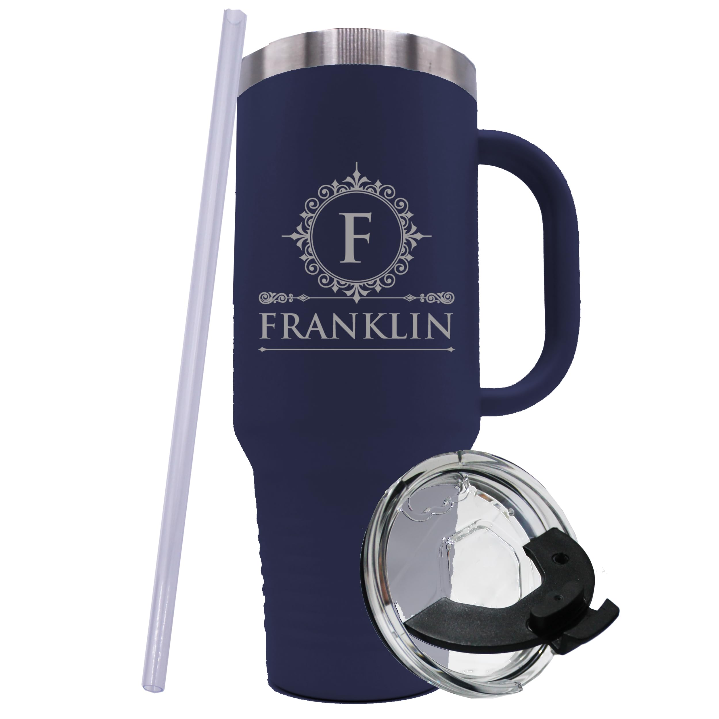 The Wedding Party Store Custom Monogrammed 40 oz Tumbler with Handle, Lid and Straw - Personalized Insulated Stainless Steel Large Cup (Navy Blue)