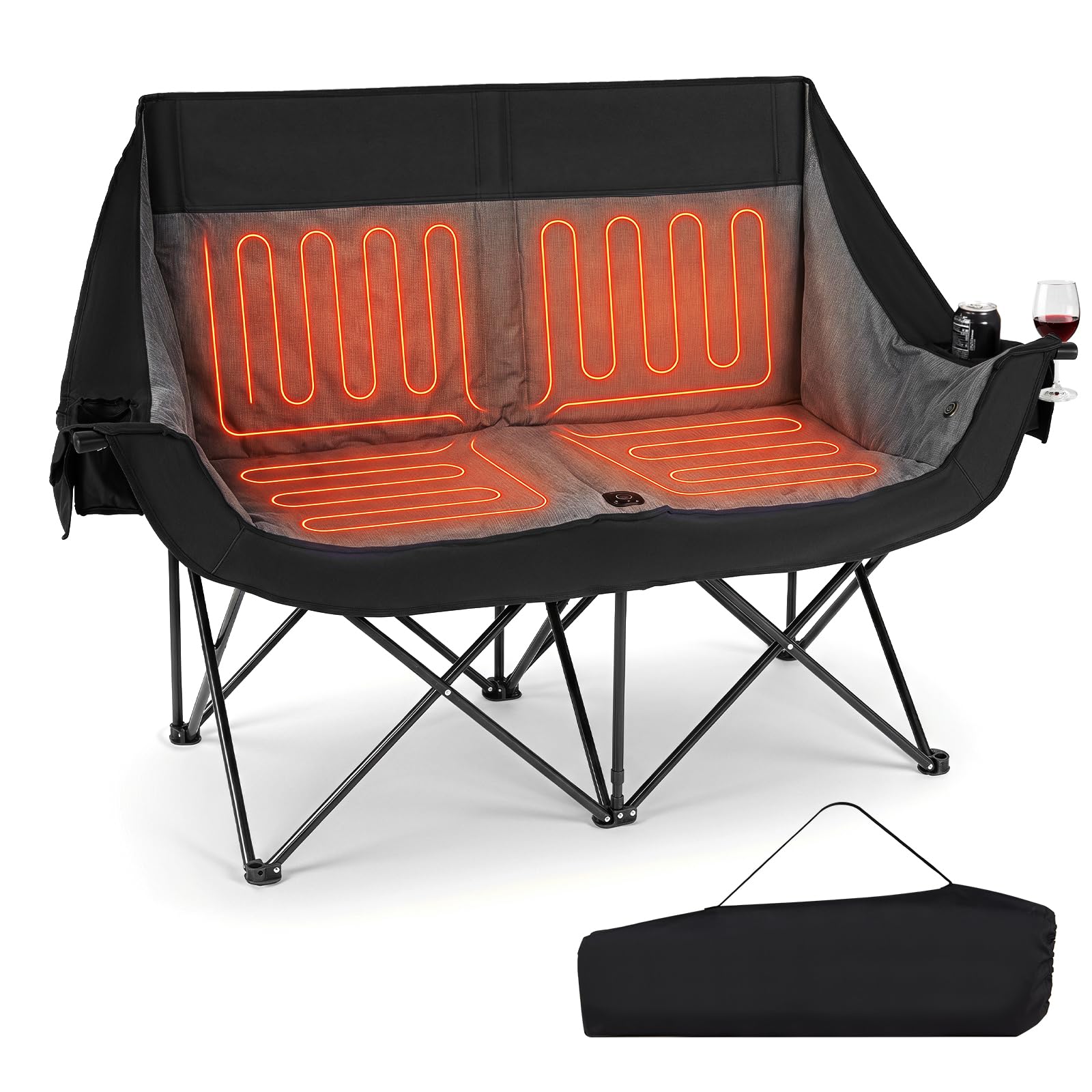 COSTWAY Campingstuhl Faltbar mit Heizung, Campingsofa für 2 Personen | Faltsofa mit 3 Heizstufen & 4 Heizzonen, Campingcouch Gepolstert 300KG Belastbar mit Seitentaschen, Glashaltern