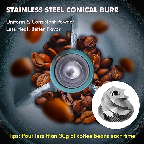 Miniatura 3 de Molinillo de café eléctrico portátil de acero inoxidable con rebabas cónicas con 45 ajustes ajustables, molinillo de granos de café recargable con