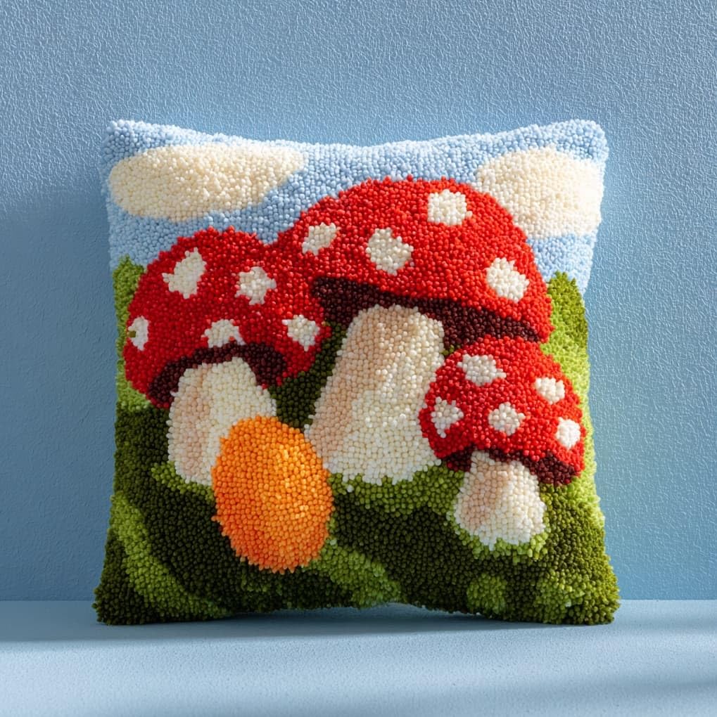 WallustrioaW DIY Latch Hook Kits,Cartoon Mushroom,Pattern Printed Throw Pillow Case Cushion Cover Crochet Needlework Crafts for Kids and Adults,17x17in