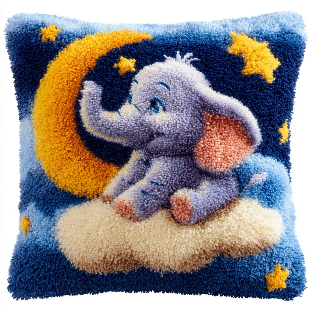 Taxpy DIY Latch Hook Pillow Kits, Elephant and Moon Pillow Cover with Preprinted Throw Pillowcase Crochet Yarns Embroidery Latch Hooking Cushion 17x17inch