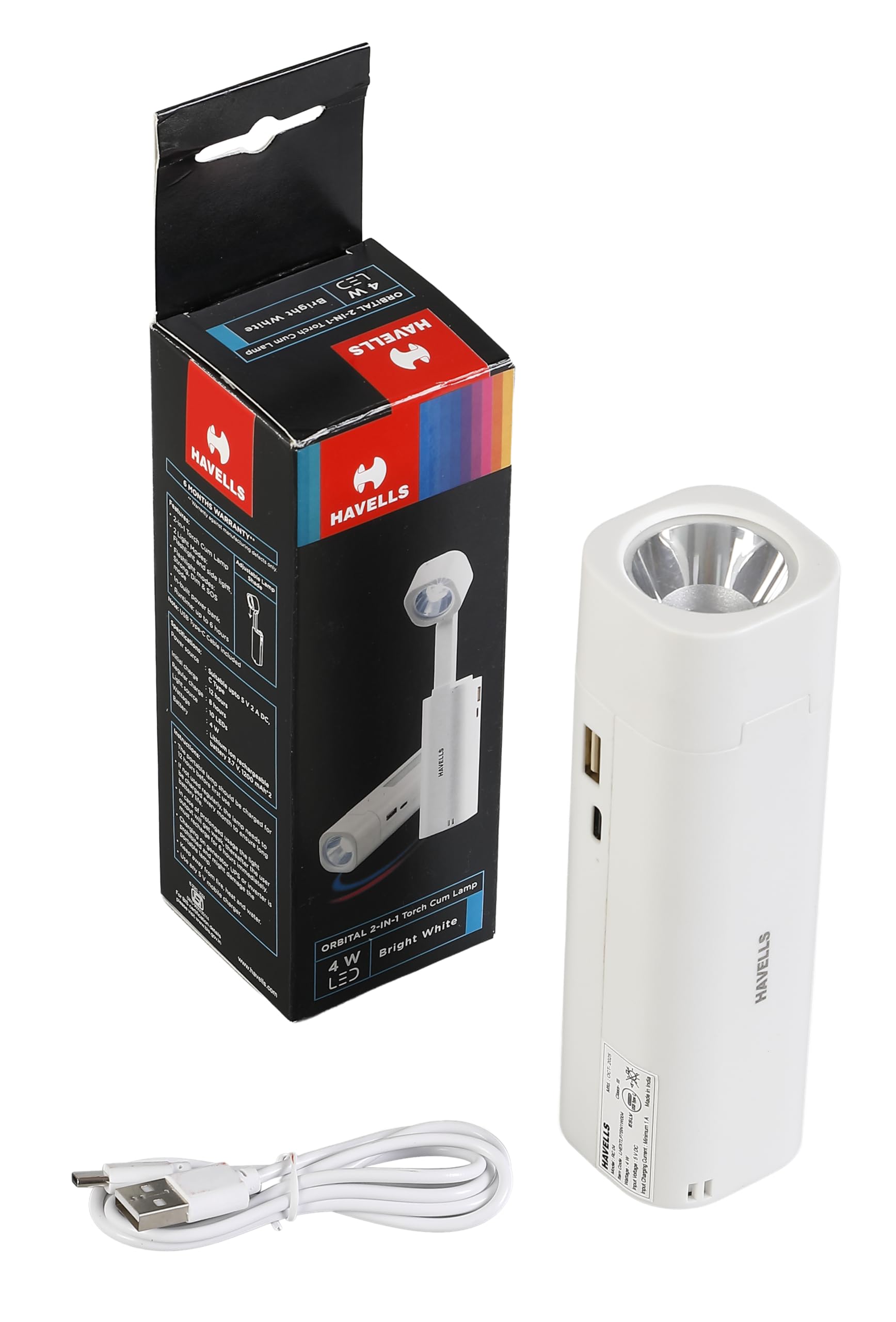 Havells Orbital 2-in-1 Rechargeable Torch 4W| Converts into Table Lamp| Inbuilt Power Bank |Side Light | Mobile Stand | Type-C Charging| Runtime : Upto 6 Hours | Outdoor, Reading, Mobile Charging-image-39
