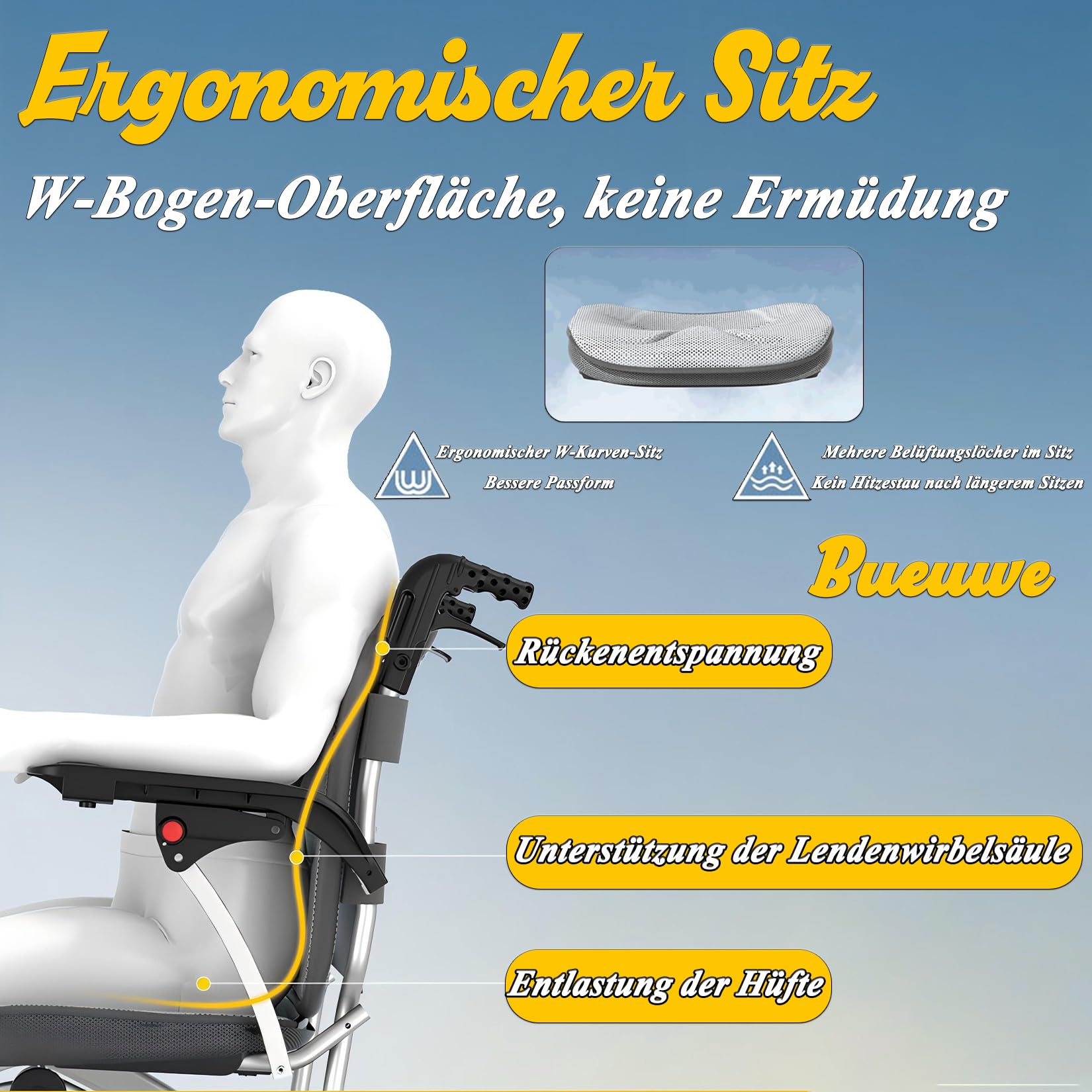 Klappbarer Transportstuhl leicht 9,8 KG - Tragbarer Rollstuhl für Reisen und Pflege mit ergonomischem W-Sitz, Aluminium-Rahmen, 130 KG Tragkraft, Doppelstoßdämpfer und 360°-Rollen