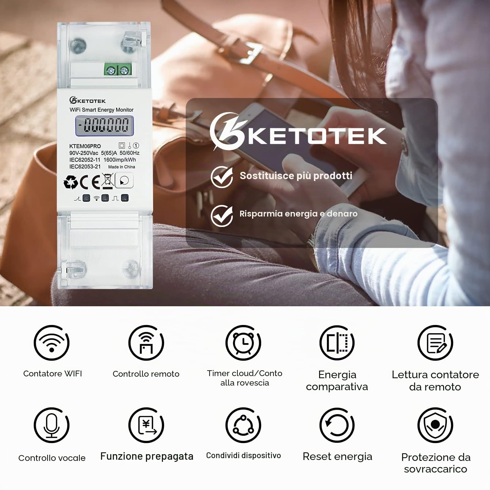 KETOTEK Smart Contatore Energia Elettrica Bidirezionale WiFi Monofase Contatore Elettrico su Guida DIN Contatore di Corrente Digitale LCD Misuratore Consumo Elettrico con APP
