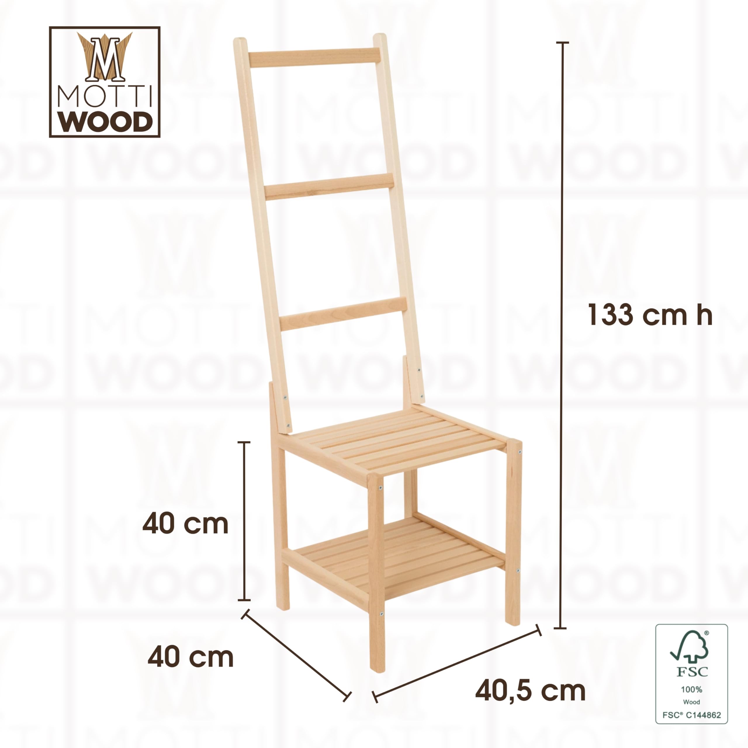 Sedia Portasciugamani In Legno Faggio Made In Italy - Appendiabiti Con 3 Ripiani Per Bagno E Camera